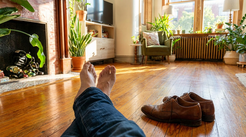 Schuhe aus. Raum beginnt.